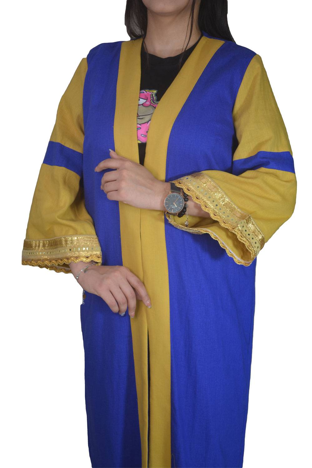 DSC_0046 مانتو نخی خردلی آبی آستین طلایی